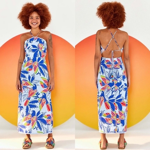 NWT FARM Rio Blue Color Birds Midi Dress X-Large